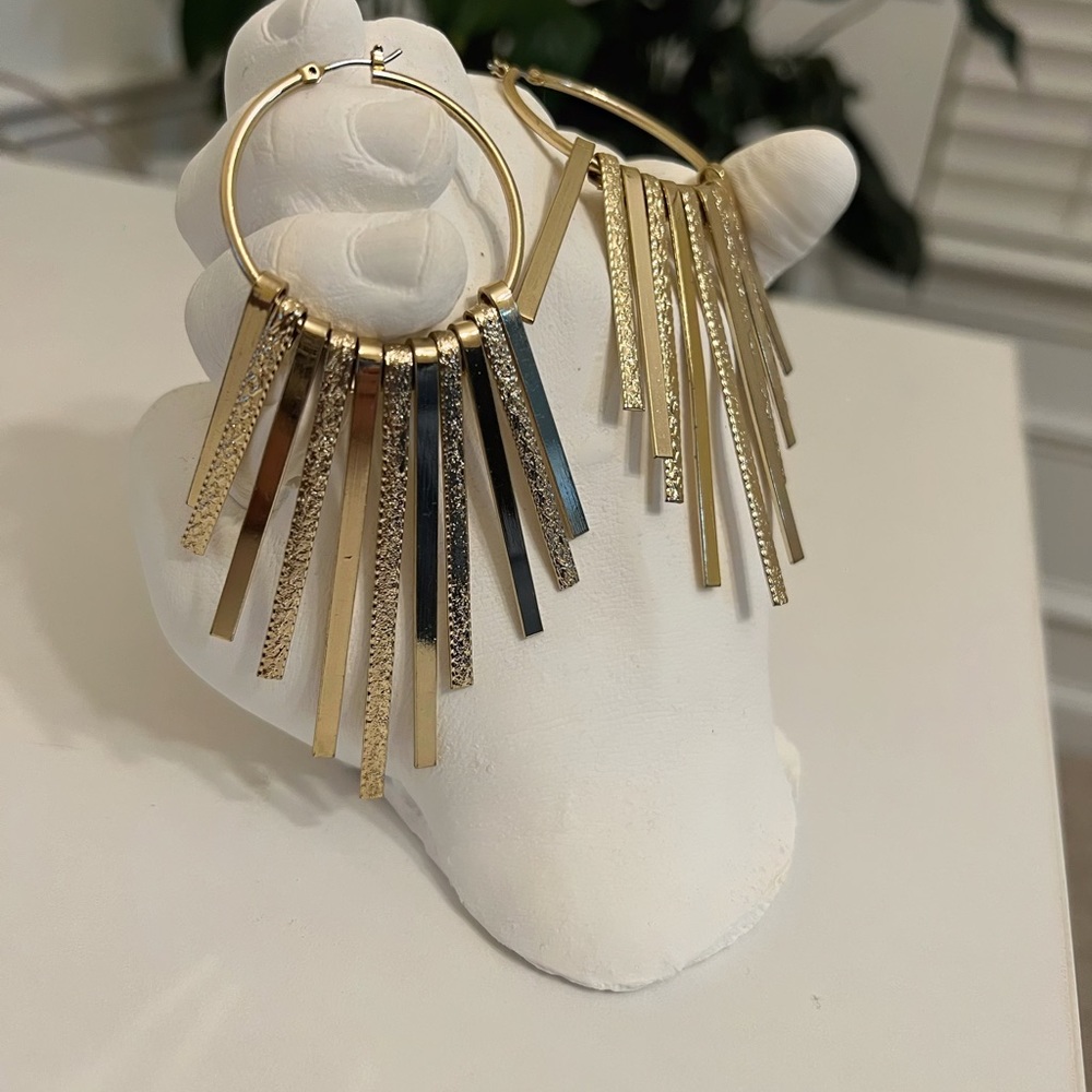 Gold Flat Bar Fringe Clip Hoop Earrings NWT